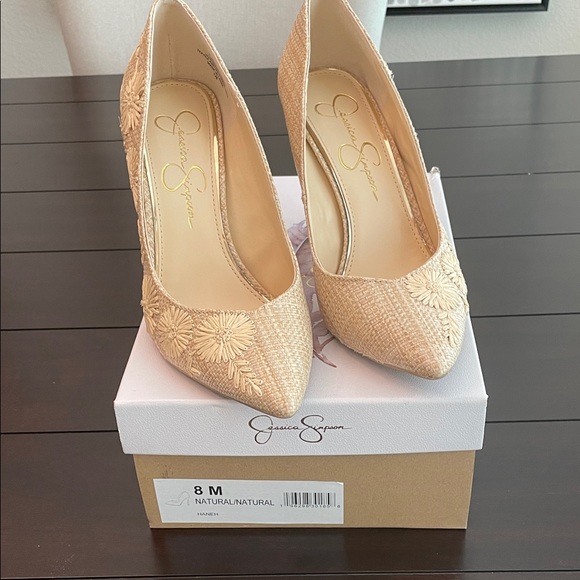 Jessica Simpson Shoes - Jessica Simpson Natural Raffia Embroidered Heels